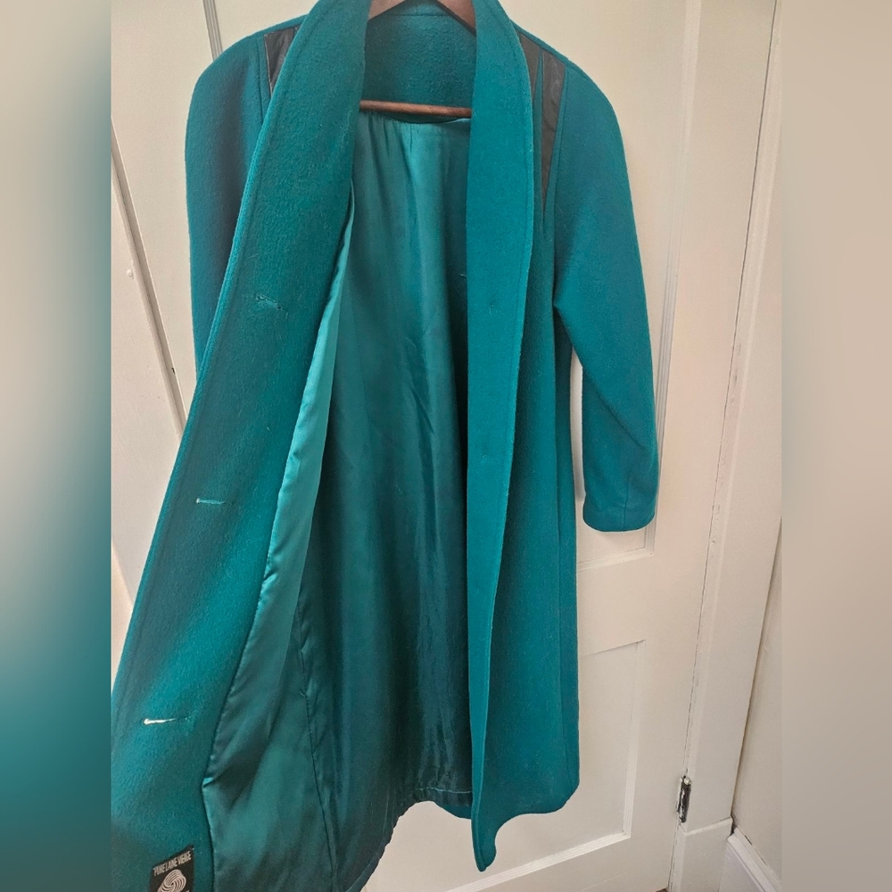 Vintage Long Winter Coat Blue/Green Teal 100% Wool Button Down Pockets Small - Picture 4 of 12